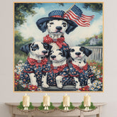Mother Dalmatian Dog and Three Puppies in Patriotic Star Outfits with American Flag on Ready to Hang 1.5" Thick Canvas Wrap, Floating Framed Canvas, Flat Rolled Canvas